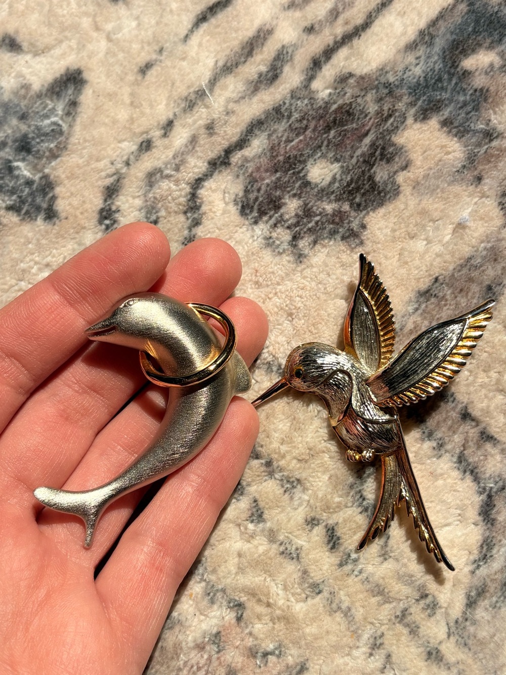 Vintage Silver Dolphin & Gold-Tone Hummingbird Brooches